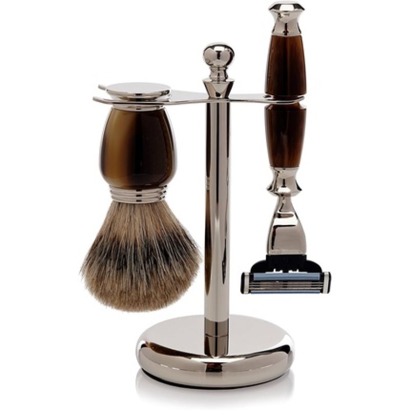 Gold Badger Shaving Set Faux Horn Brass Fitting Gala Lith Silver Badger Tipped Hair