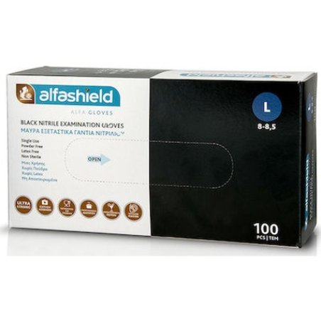 Karabinis Medical Alfashield Black Nitrile Examination Gloves - Small, Powder-Free, Pack Of 100