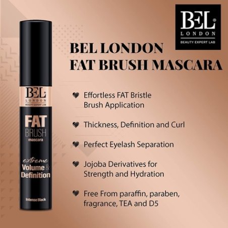 Bel London Fat Brush Volumizing and Lengthening Mascara - Black for Defined, Thick, and Curled Lashes - Premium Makeup
