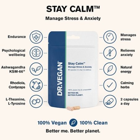 DR.VEGAN Stay Calm for Stress and Anxiety 60 Capsules - Two a Day Including Ashwagandha KSM-66 150mg Cordyceps 150mg