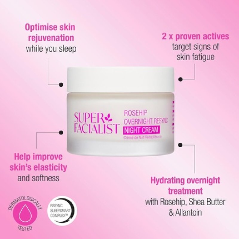 Super Facialist Rosehip Overnight Resync Night Cream SleepSmart Complex Moisturiser 50ml