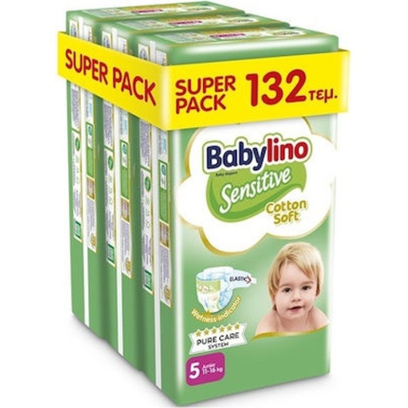 Babylino Sensitive Super Pack Cotton Soft Diapers No5 For Babies Weighing 11-16 Kg, 132 Pieces