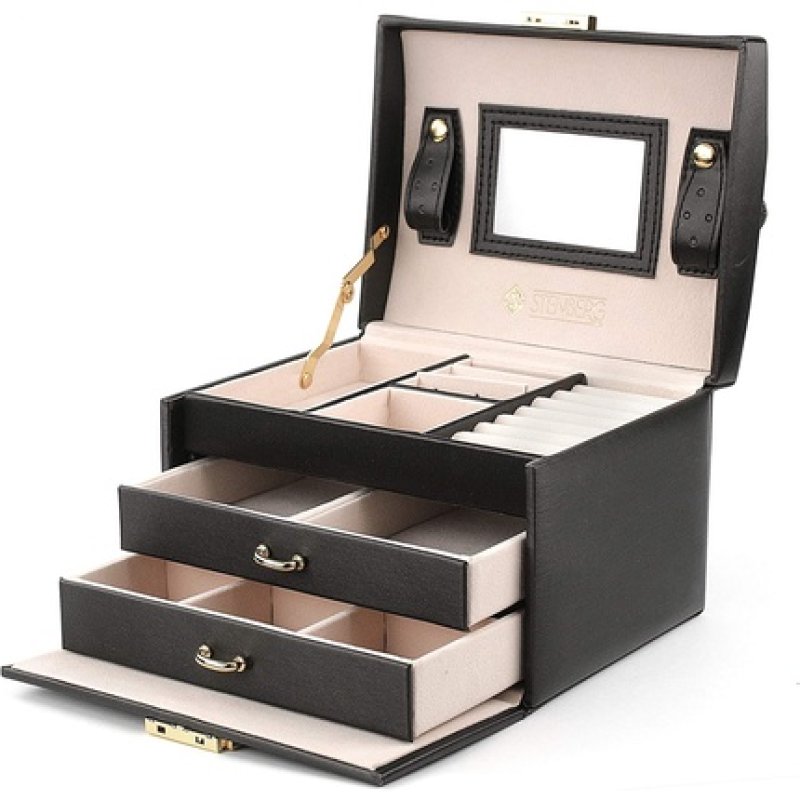 Stenberg Black Jewelry Box with 2 Drawers and Mirror - Lockable Jewelry Storage for Rings, Bracelets, Earrings - Red