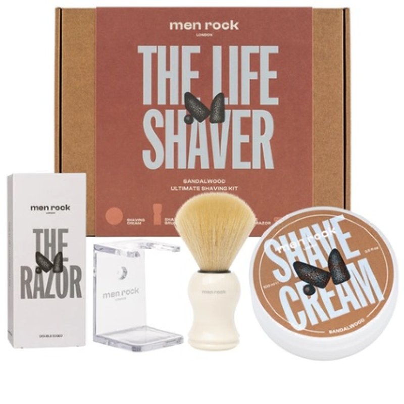 The Life Shaver Sandalwood Shaving Set - 100ml Shaving Cream, Shaving Brush, Brush Stand, Razor, And Razor Blades