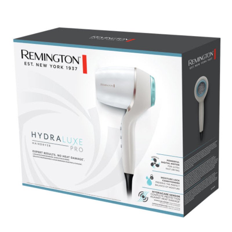 Remington Hydraluxe Pro Ionic Hair Dryer 2400W with 3 Styling Attachments and Hydracare Sensor Technology - Digital
