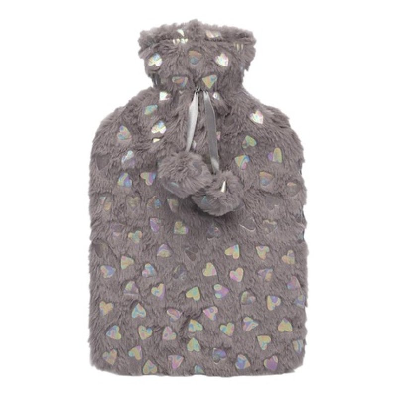 Ks Brands Plush Hearts Hot Water Bottle 2 Litre Grey
