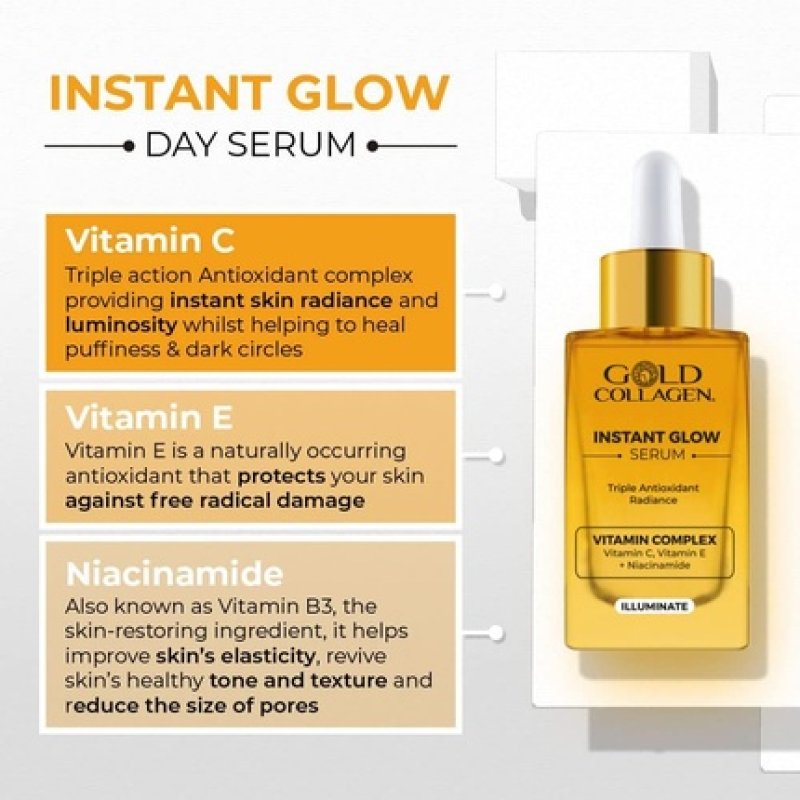 GOLD COLLAGEN Instant Glow Vitamin C, Vitamin E, Glycerine & Niacinamide Serum for Skincare 30ml