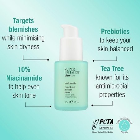 Super Facialist Breakout Buster Serum Clear Skin Solutions Spot Treatment for Acne with 10% Niacinamide Tea Tree Oil
