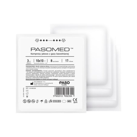 Pasomed Sterile Compresses - 10x10 Cm, 3 Pieces, 8 Layers, Long Validity