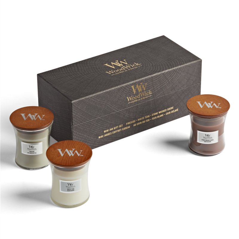 Woodwick Gift Set Scented Candles Fireside White Teak Sand & Driftwood 3x85g