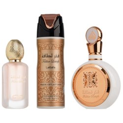 Lattafa Fakhar Woman Gift Set - Eau De Parfum 100ml, Hair Mist 50ml, Deo Spray 200ml