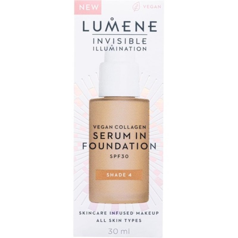 LUMENE Invisible Illumination Tinted Serum Foundation SPF30 with Vegan Collagen Serum and Hyaluronic Acid Shade 4 30ml