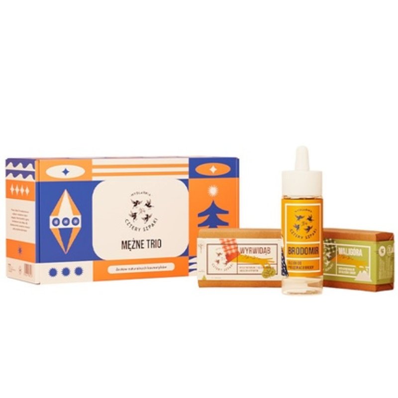 Mydlarnia Cztery Szpaki Mezne Trio Beard Oil Brodomir 30ml, Hair And Beard Soap Waligora 110g, Body Soap Wyrwidab 110g