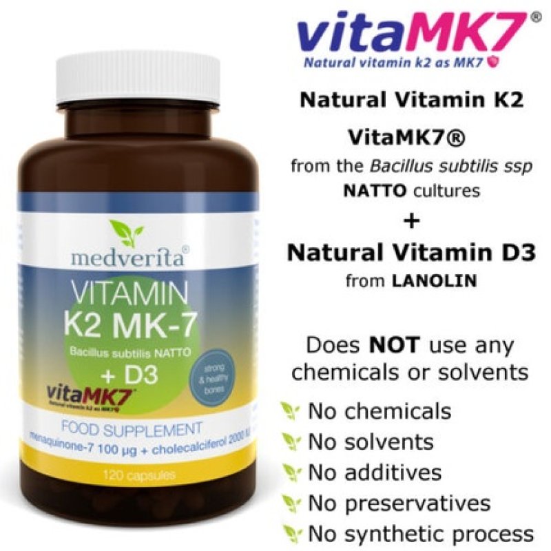 Medverita Vitamin K2 MK-7 100mcg with D3 and Inulin Chicory Root 120 Capsules