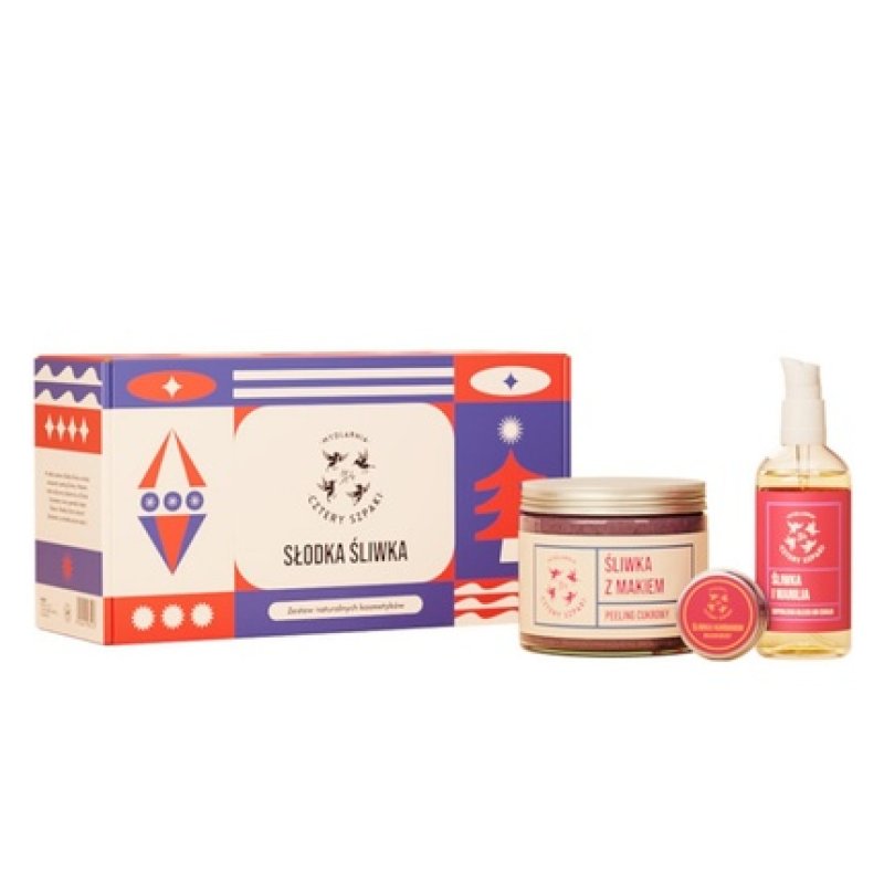 Mydlarnia Cztery Szpaki Sweet Plum Sugar Peeling 250ml, Plum And Cardamom Lip Balm 15ml, Super Light Body Oil With Plum