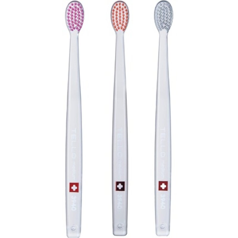 TELLO 3940 Adult Medium Swiss Toothbrush for Gentle Cleaning with Ergonomic Handle 3 Count - Pack of 3