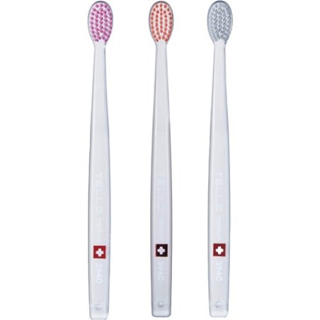 TELLO 3940 Adult Medium Swiss Toothbrush for Gentle Cleaning with Ergonomic Handle 3 Count - Pack of 3