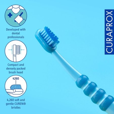 Curaprox Baby Toothbrush First Toothbrush for Babies with 4260 Extra Soft Curen Bristles and Small Rubberised Head Blue