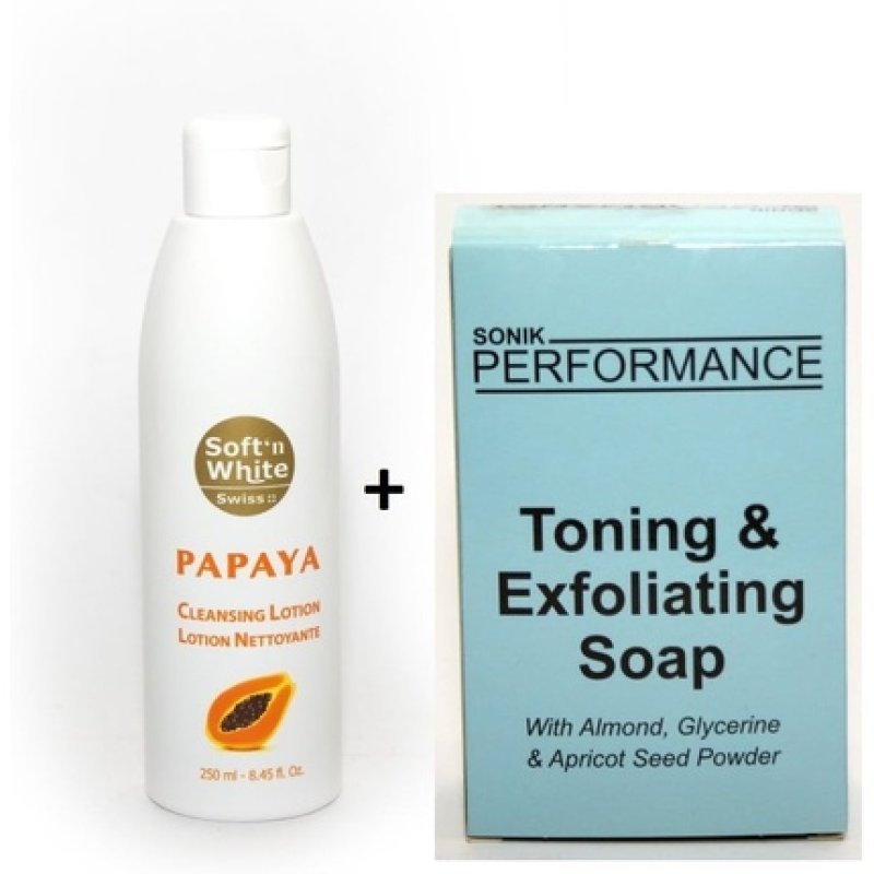 Soft N White Papaya Cleansing Lotion 250ml with Sonik Performance Toning Soap 200g