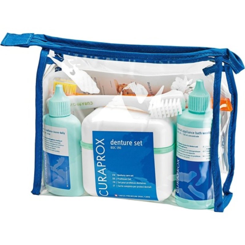 Curaprox Denture Cleaning Set BDC with Daily Care Gel, Weekly Cleaner, Cleaning Brush, and Cleaning Box for Dentures