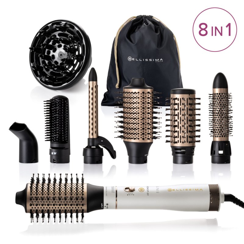 Bellissima Air Wonder Hot Air Brush with Ion Technology and Ceramic-Keratin Coated Brushes - 8 Accessories, 1000W