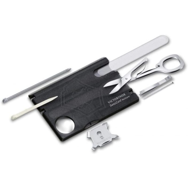 Victorinox Swiss Card Nail Care Swiss Made Pocket Tool Credit Card Size 13 Functions File Scissors Black Transparent
