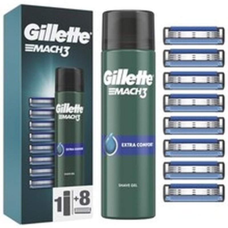 Gillette Mach3 Replacement Blades 8pcs with Extra Comfort Gel 200ml