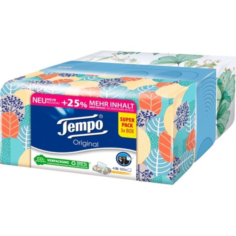 Tempo Handkerchiefs Original Trio Box, 4-Ply Tempos In A Practical Tissue Box