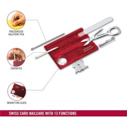 Victorinox Swiss Card Nail Care Swiss Made Pocket Tool Credit Card Size 13 Functions Nail File Scissors Red Transparent