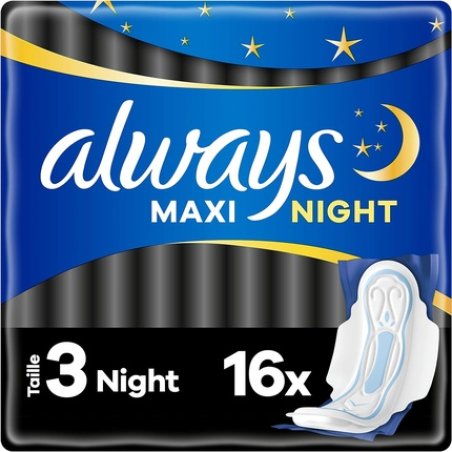 Always Maxi Sanitary Towels Size 3 Night 16 Towels with Wings Very Abundant Night Flow Ultra Absorbent Heart and Leak