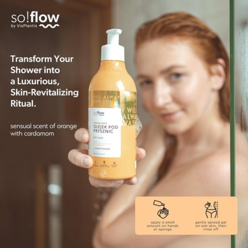 So!Flow Radiant Glow Shower Oil with Juicy Orange & Cardamom, Infused with Citrus Aurantium Amara Flower Extract for