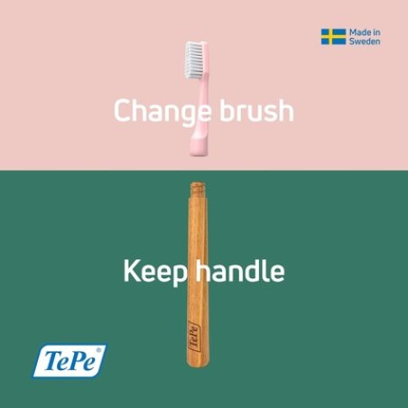 TePe Choice Toothbrush Soft Pink Wooden Handle 3 Brush Heads Soft Bristle Toothbrush Good for Teeth Cleaning and Plaque