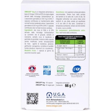 Omegor Veg Vegan Omega-3 60 Capsules Algae Oil with Vitamin E 250mg DHA 125mg EPA