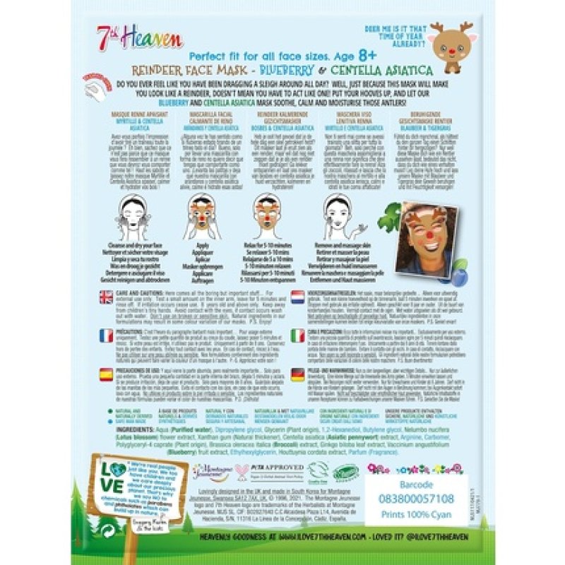 7th Heaven Winter Wonderland Reindeer Facial Sheet Mask Infused with Blueberry