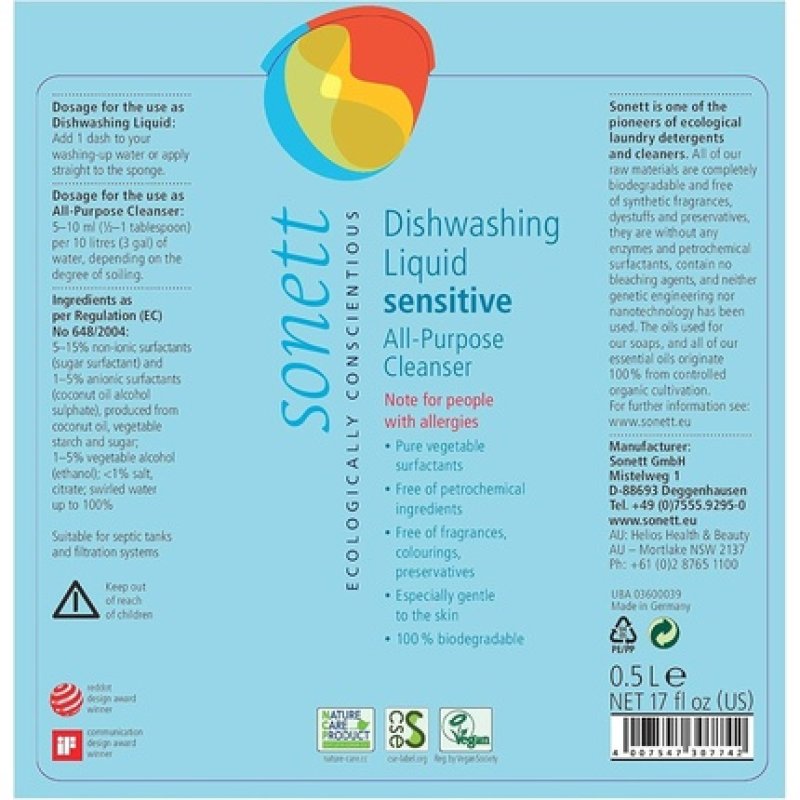 Sonett Organic Dishwashing Liquid Calendula Lemon 10 oz and 33.8 oz