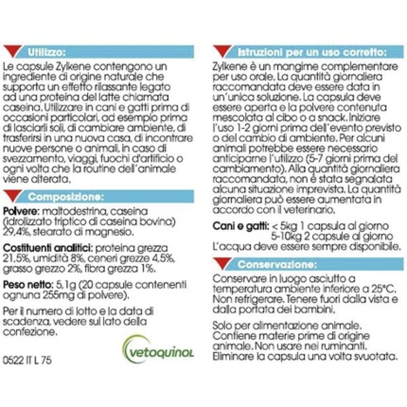 Vetoquinol Zylkene Dogs And Cats Dietary Supplement 20 Capsules 75mg