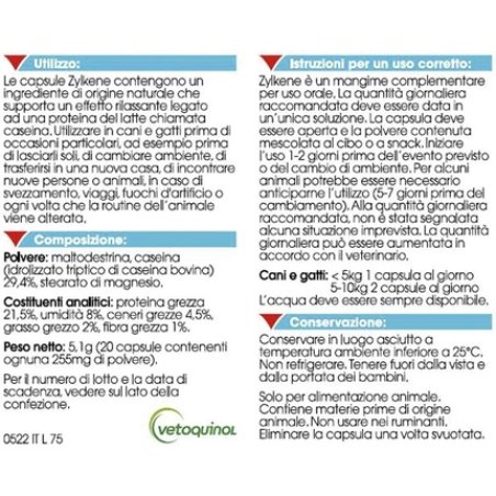 Vetoquinol Zylkene Dogs And Cats Dietary Supplement 20 Capsules 75mg