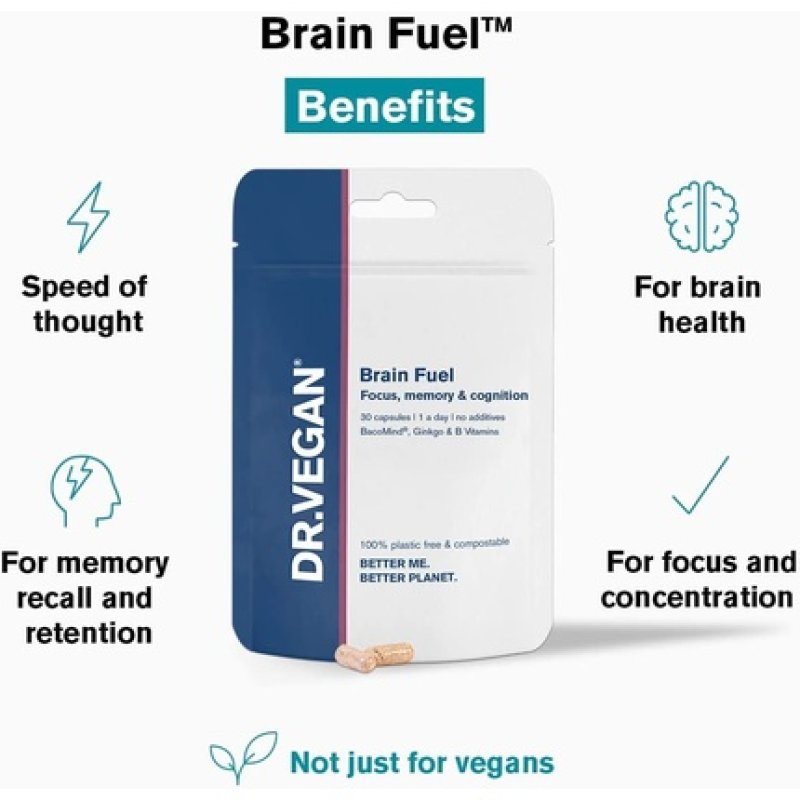 DR.VEGAN Brain Fuel Memory & Focus Brain Supplement with BacoMind & Ginkgo Biloba 30 Capsules