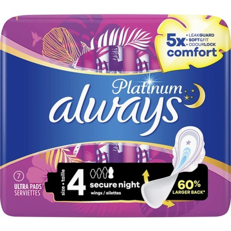 Always Platinum Secure Night Sanitary Pads with Wings Size 4 - Pack of 7