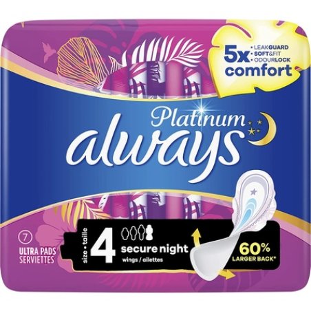 Always Platinum Secure Night Sanitary Pads with Wings Size 4 - Pack of 7