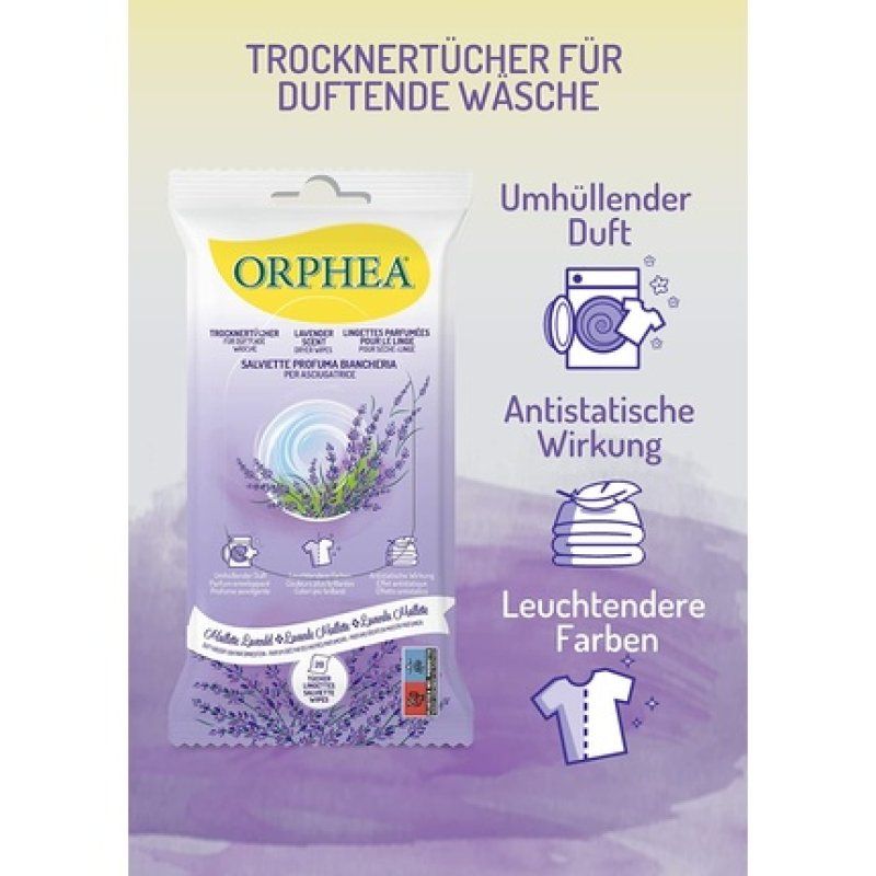 Orphea Lavender Maillette Dryer Sheets with Antistatic Effect and Enveloping Scent - Reduced Wrinkles