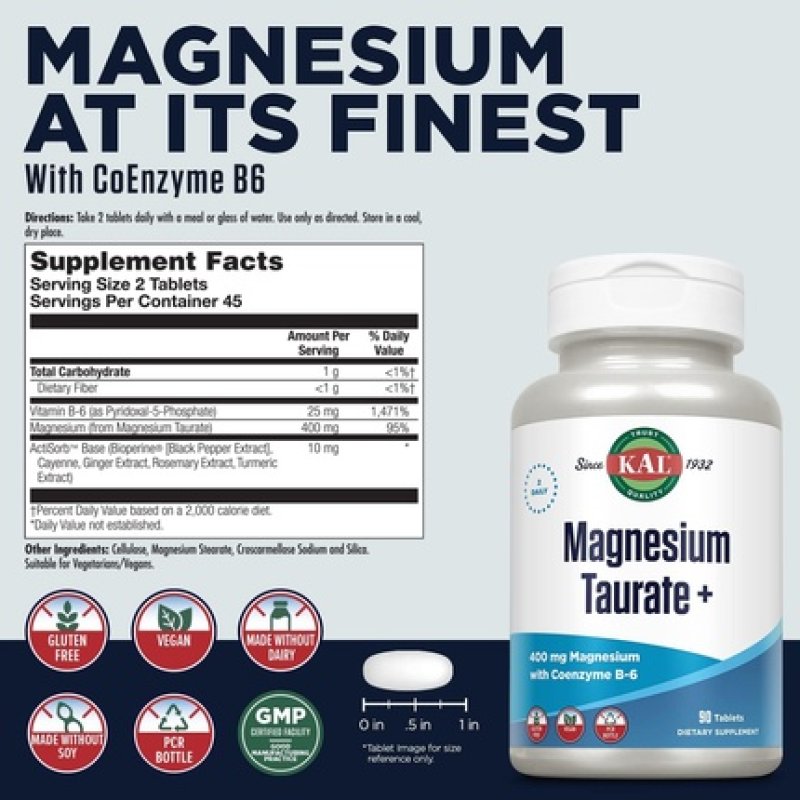 KAL Magnesium Taurate 400mg Plus CoEnzyme Vitamin B6 Chelated Magnesium Supplement 90 Tablets