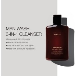 Previa Man Wash Hair Body Shave Energising Cleanser with Organic Absinthe and Vitis Venifera Meristem Cells Caution May