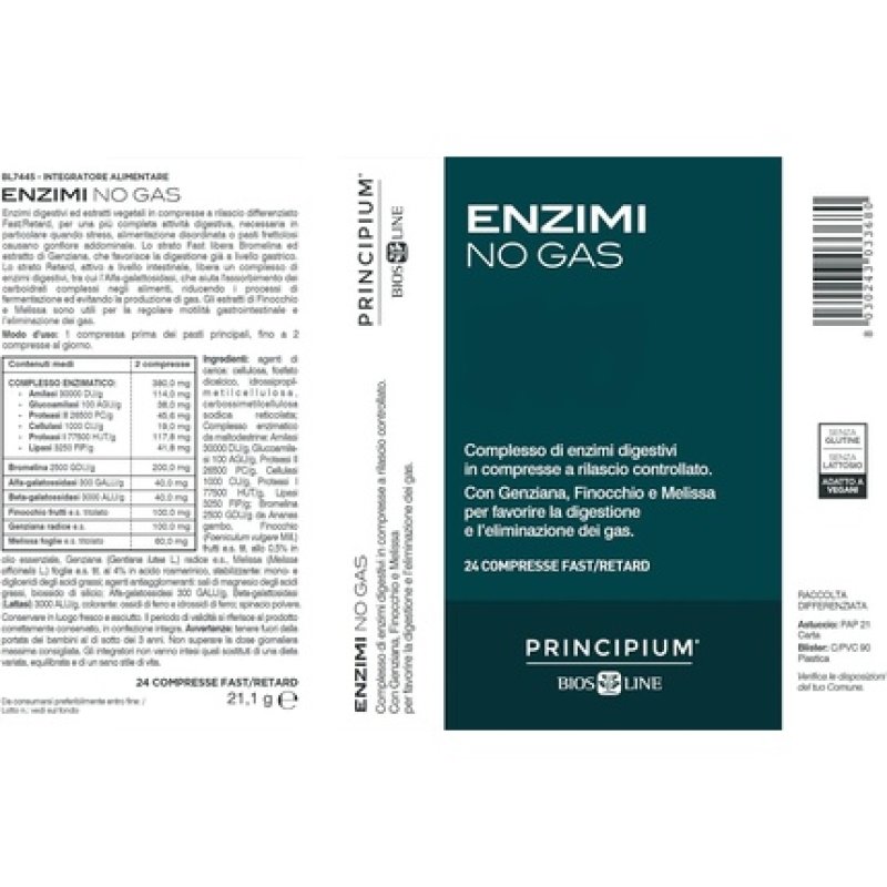BIOS LINE Principium Enzyme No Gas Digestive Supplement 24 Fast/Retard Tablets