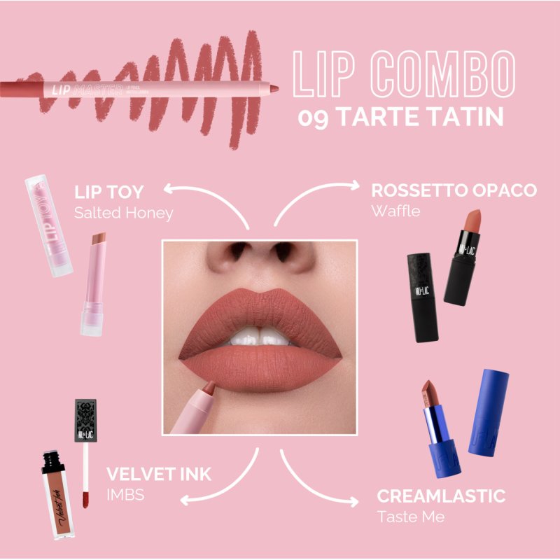 Mulac Cosmetics Lip Master 09 Tarte Tatin Intense Nude Lip Pencil Warm 24h Water Resistant No-Transfer Vegan 1g