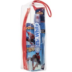 Mr. White Spider-Man Pouch Set for Kids - Travel-Friendly Including Manual Toothbrush with Suction Cup, Travel Cap,
