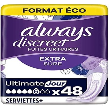 Always Extra Secure Incontinence or Urine Leaks, Important Leaks, Eco-Format, 6 Drops, Ultimate Day, 48 Individual Bags