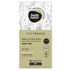 Body Natur Bandes Cire Épilatoire Corps Clean Beauty, 16 bandes, 2 lingettes hypoallergéniques
