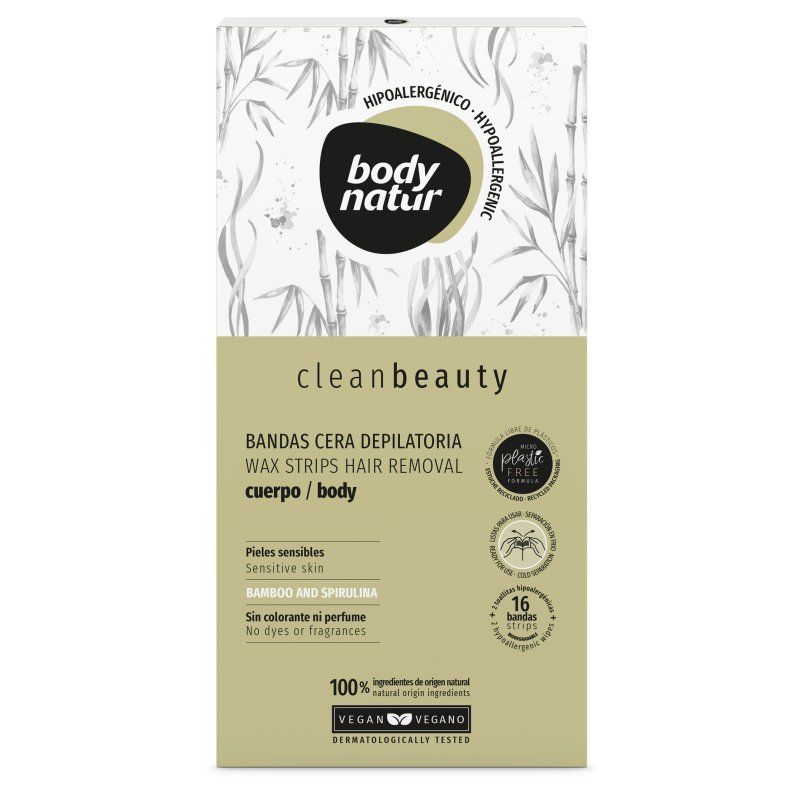 Body Natur Bandes Cire Épilatoire Corps Clean Beauty, 16 bandes, 2 lingettes hypoallergéniques