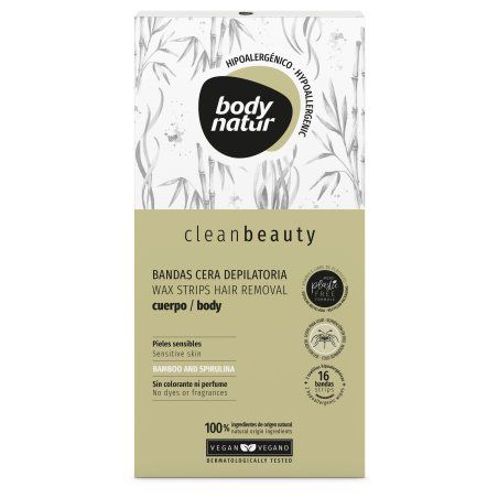 Body Natur Bandes Cire Épilatoire Corps Clean Beauty, 16 bandes, 2 lingettes hypoallergéniques